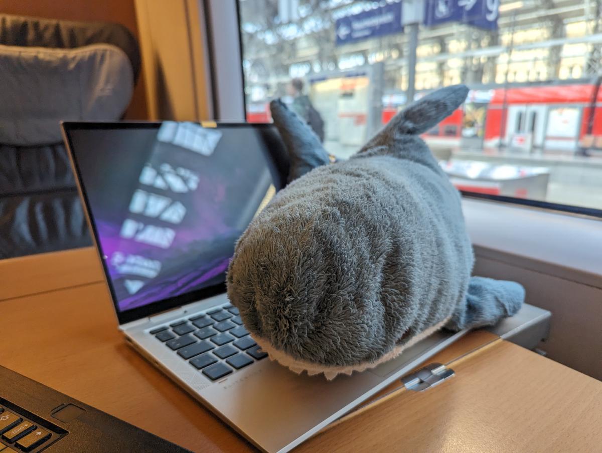 Keith Hajring liegt in einem Zug auf einem Laptop. Vor dem Fenster ist ein Bahnsteig im Frankfurt Hauptbahnhof zu sehen.
